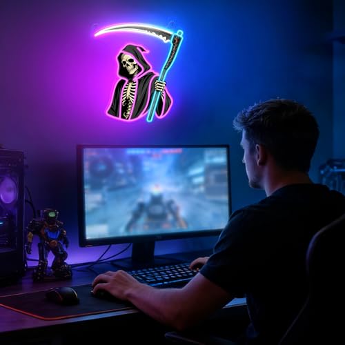 Image of Ammonite Grim Reaper Neon Sign, LED Death Scythe Night Light for Room Wall Table Decor Art, Home Party Birthday Halloween Xmas Birthday Gift for Kids Teens Adults
