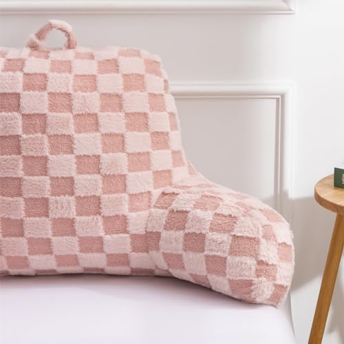 Image of Aimuan Reading Pillow Checkered Bed Rest Wedge Backrest Checkerboard Pillow with Arms Back Support for Sitting Up in Bed Cushion Incline Rest Sleeping Snoring Pillow, Pink