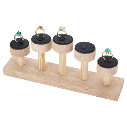 FINGERINSPIRE Soporte para Anillos de Madera con 5 Ranuras, 24x5x10.1cm Expositor de Anillos de Madera con Soporte Organizador Para Anillos de Cuero pu Negro para la Venta al por Menor en el Hogar