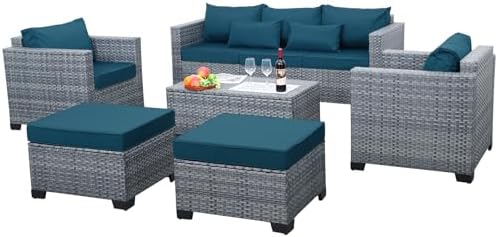 6 Pieces Wicker Patio Furniture Sets Outdoor Conversation Set HDPE Rattan Sectional Sofa Couch with Storage Table and Peacock Blue Cushions 6 Pieces Wicker Patio Furniture Sets Outdoor Conversation Set HDPE Rattan Sectional Sofa Couch with Storage Table and Peacock Blue Cushions