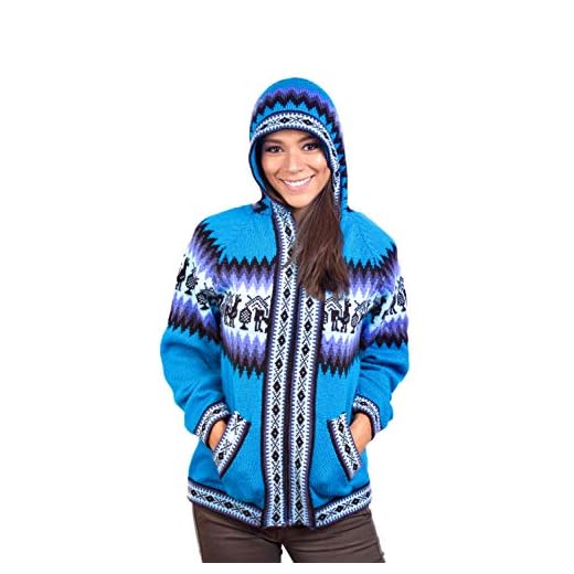 Intialpaca Alpaca Women’s Knit Hoddie Turquoise Sweater (Medium)
