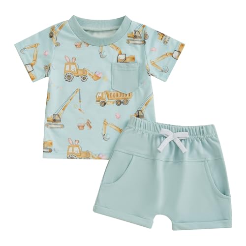 Lenjindjer Toddler Baby Boy Easter Outfits Bunny Truck Print Short Sleeve T-shirt Elastic Shorts Infant Summer Farm Clothes (Light Blue, 2-3T)