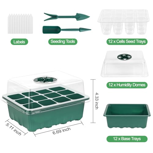 12 Pack Seed Starter Tray Seed Starter Kit with Humidity Dome,(144 Cells Total Tray) Seed Starting Trays Plant Starter Kit and Base,Kit for Seeds Growing Starting