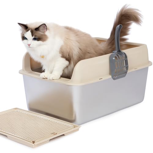 PET MARVEL Caja de arena de acero inoxidable para gatos, caja de arena de metal cerrada extra grande con tapa para gatos, parte inferior antiadherente, caja de arena de lados altos, antifugas de