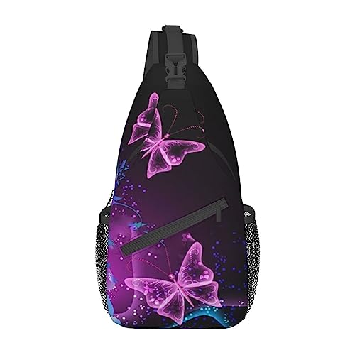 Sac à dos sling imprimé papillon rose et violet pour randonnée et voyage