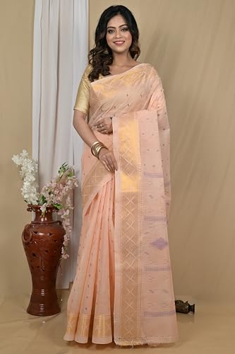 Image of eC ESHA'S COLLECTION Women's Kerala Cotton Floral Motif Printed Zari Bordered Tant Saree Without Blouse Piece