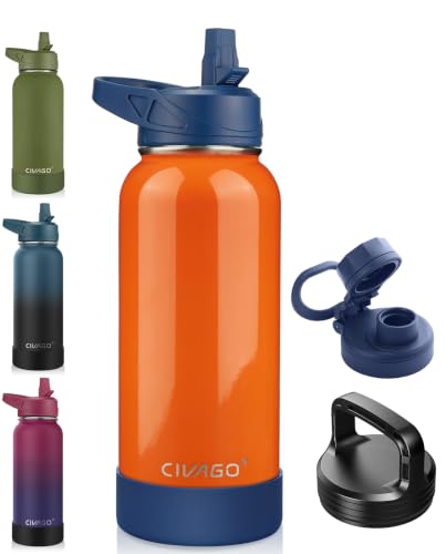 Image of CIVAGO 32 oz Insulated Stainless Steel Water Bottle With Straw and 3 Lids