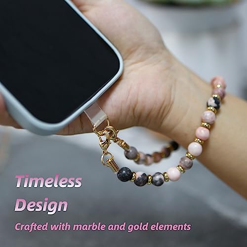Image of Marble Beaded Phone Wrist Strap for Women, Detachable Design | 304 Steel Core, detachable phone wristlet with tether tab, keeps your phone secure for shopping, travel and daily use.