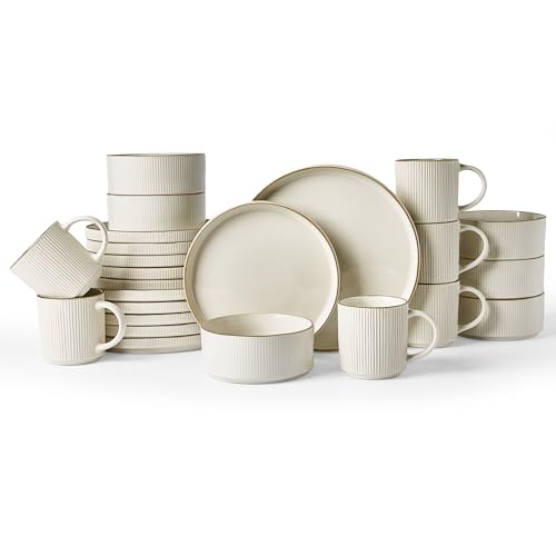 Image of Famiware Star 24-Piece Stoneware Dinnerware Sets with Trim, Service for 6 - Ceramic Mugs, Plates, Bowls, Dishes for Everyday /Party /Formal Use, Chip /Scratch Resistant, Microwave /Dishwasher Safe, White