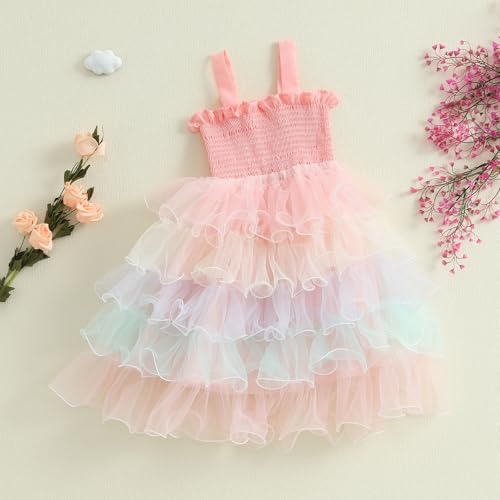 ​1-5T Little Girl Dress Rainbow Dress 3D Tulle Lace Party Dress Princess Dress Straps Fashion Sundress Kids Dress2