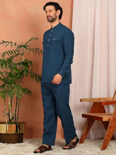 Image of See Designs Men's Full Sleeve Mandarin Collar Linen Solid Pathani Set