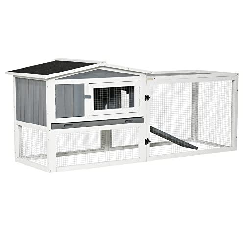 Pawhut Rabbit Hutch 2-Story Bunny Cage Small Animal House With Slide Out Tray, Detachable Run, For Indoor Outdoor, Light Grey #TOP29