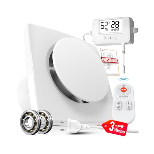 SBONNI 3 Vitesses Extracteur d'Air Automatique Détecteur Humiditer et Température, Minuterie, Télécommande, 100mm VMC Salle de Bain Hygroréglable,...