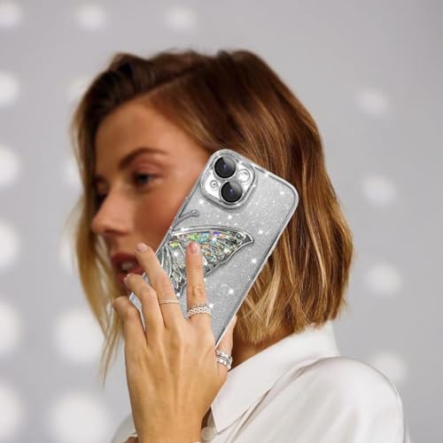 Image of SHINESTAR 3D Butterfly Case for iPhone 15 Cover, Cute Girly Glitter Bling Luxury Back Cover for Women Girls Protective Shockproof Slim Camera Protection (or iPhone 15 - Silver