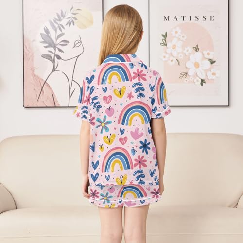 ALAZA Flower Rainbow Heart Pajamas Satin Pajama Set Short Sleeve Button Down Sleepwear4