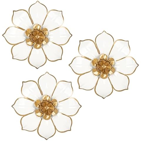 Metal Flowers Wall Decor White and Gold Wall Art Decorations Hanging 3 Pc Rustic Modern Floral Sculpture Wall Accent Artwork Indoor Outdoor for Bathroom Kitchen Bedroom Living Room Patio Porch 10 Inch Cover