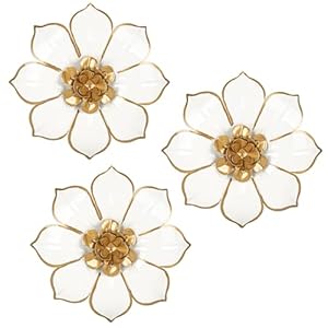 Metal Flowers Wall Decor White and Gold Wall Art Decorations Hanging 3 Pc Rustic Modern Floral Sculpture Wall Accent Artwork Indoor Outdoor for Bathroom Kitchen Bedroom Living Room Patio Porch 10 Inch
