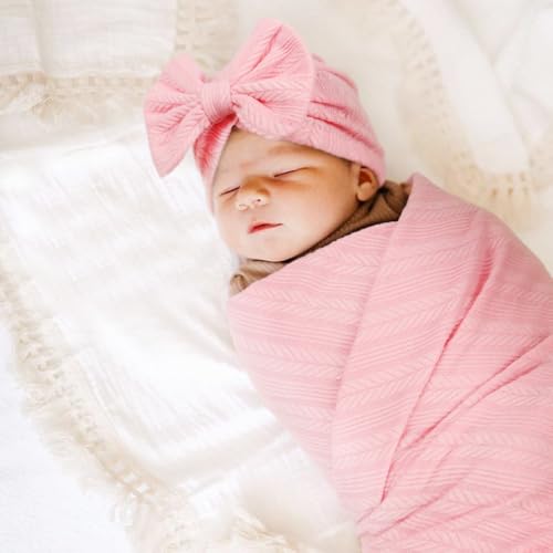 Image of DRESHOW BQUBO Newborn Receiving Blanket Toddler Warm for Girls with Bow Hat and Bow Headband Shower Gift