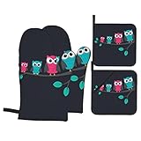  ASEELO Ofenhandschuhe-Set, niedliche Eulen, hitze- und rutschfest, lange, flexible dicke Handschuhe zum Kochen, Grillen, Küchenhandschuh, Topflappen