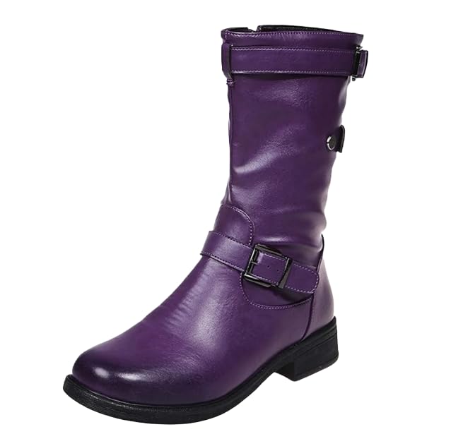 Womens Mid Calf Boots Winter Round Toe Flat Low Block Heel Buckle Strap Faux Leather Zipper Riding