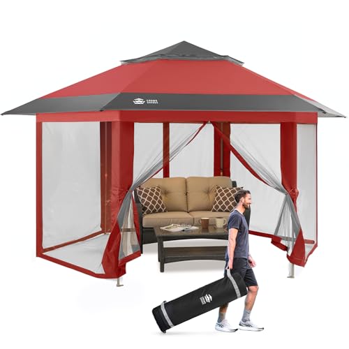 CROWN SHADES 12x12 Pop Up Gazebo with Mosquito Nettings, Patented CENTERLOK 6-Sided Portable Gazebo, 300D Silver-Coated Fabric UV Resistant, Pop Up Canopy Tent for Patio, Party, Red&Grey
