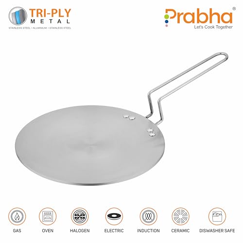 Image of Prabha Stainless Steel Tri-Ply Induction Base Roti Tawa 28cm - Best for Kitchen Use, Sturdy Handle - Ultimate Roti Tawa Solution