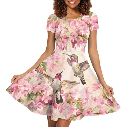 Image of HUGS IDEA Womens Puffy Swing Midi Dress Round Neck Short Sleeve Party A-Line Dresses