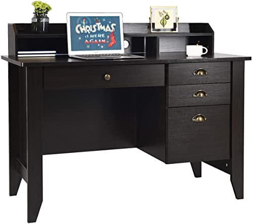 Catrimown Computer Desk with Drawers and Hutch, Farmhouse Wood Home Office Desk Kids Writing Study School Student Desk PC Laptop Desk Bedroom for Small Spaces, Espresso Brown