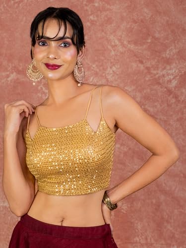 Image of FIGURE'S DESIGNER Women's Spagehtti Neck Strap Sequin Embroidered Sleeveless Readymade Saree Blouse E22