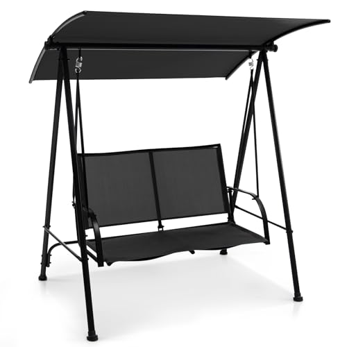 Image of HAPPYGRILL 2-Person Outdoor Swing with Canopy, Patio Porch Swing Chair with Heavy-Duty Metal Frame, Breathable Seat Fabric, Patio Loveseat Swing for Backyard, Balcony, Poolside