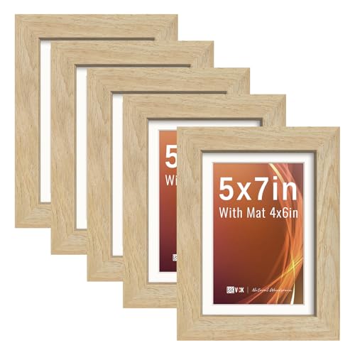 Image of VCK 5x7 Picture Frame 5 Pack, Natural Wood, 4x6 Mat, Glass, for Photo Print