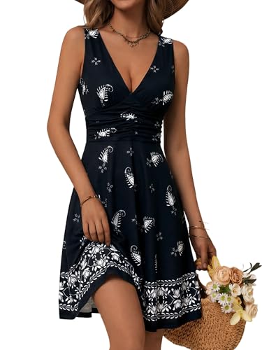 Image of OURIN Women's Spring Deep V Neck Sleeveless Floral Sundresses with Pockets Flowy Summer Dresses for Women