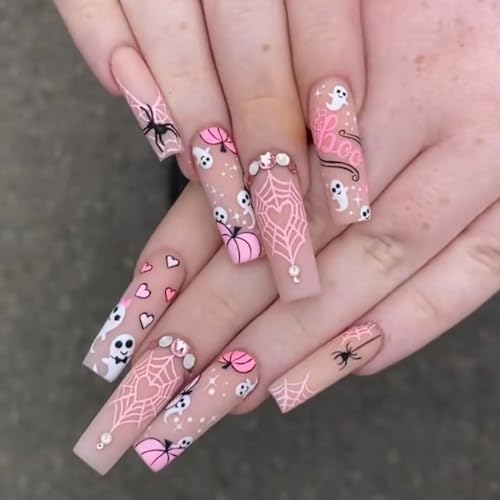 Halloween Press on Nails Long Square Glue on Nails Cute Pumpkin Coffin Fake Nails Heart Spider Web with Nail Rhinestones Design Ghost False Nails Halloween Nail Art Decoration for Women DIY 24 Pcs