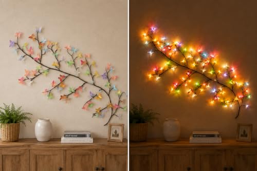 Image of Butterfly LED Wall Decor Lights with Tree Branch Design, USB Powered Decorative String Lights for Bedroom, Living Room, Balcony, Hallway, Festival, Party, Home Wall Decoration (72 LED)