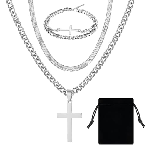 Leikedun Juego de 3 collares y pulseras para hombre, collar de cruz de acero inoxidable para hombre con bolsa de terciopelo, collar de cadena de serpiente cubana resistente de plata, regalo de joyería