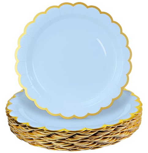 Image of HEIPINIUYE 50 Pieces Light Blue Paper Plates with Gold Foil 9 Inch Disposable Baby Blue Scalloped Dinner Plates for Wedding Baby Shower Birthday Party Dessert Plate