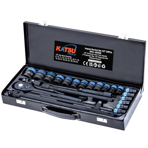 KATSU Tools 24-Piece 1/2 Drive Socket Set - CR-V, 6-Point, 8-32mm Metric, 72 Teeth Quick Release Ratchet Wrench, Steel Carry Case, Mechanic Tool for DIY, Car Repair