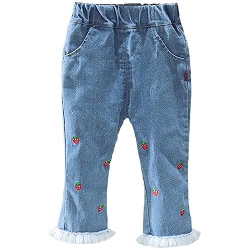 Kids Baby Girls Strawberry Embroidery Jeans Toddler Elastic Waist Denim Pants Casual Trousers with Pockets (Blue, 3-9 Months)