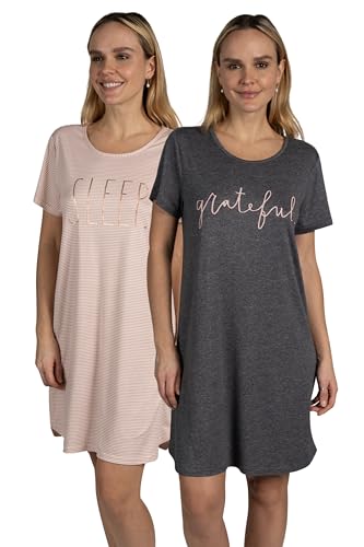 Rae Dunn Women's 2-Pack Short Sleeve Shirttail Graphic Text Nightshirts Soft Fabric Comes with Two Nightgowns