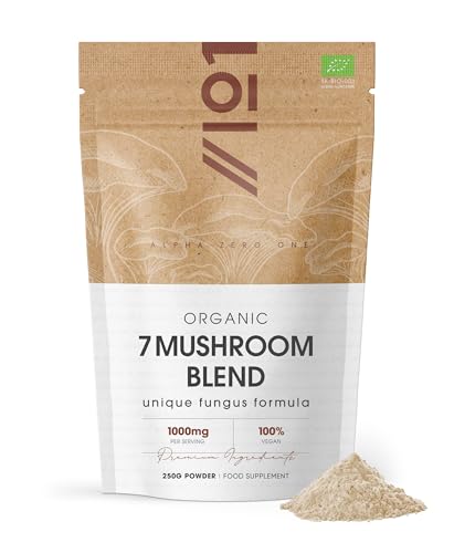 Organic 7 Mushroom Blend Powder 250g ~ Reishi, Cordyceps Sinensis, Lion’s Mane, White Fungus, Maitake, Shiitake & Chaga Mushroom Supplement (Not Capsules) ~ By Alpha01