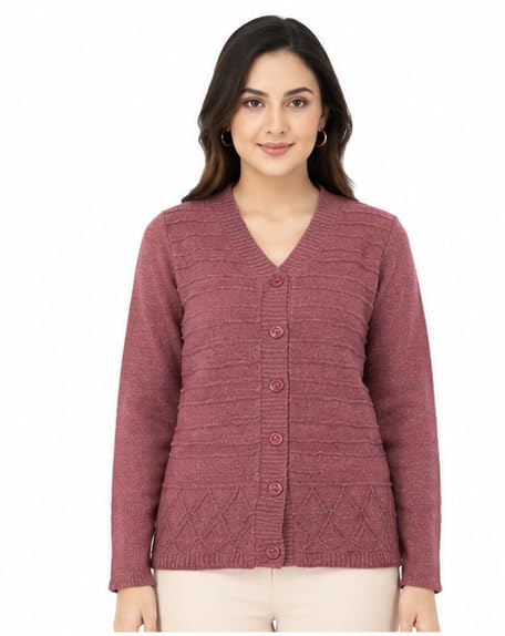 manra Women's Woolen V-Neck Button Front Cardigan Sweater Full Sleeve Self Design Winter Wear Cardigan Soft Warm Knit Wool Blend Sweater Onion Pink-picture-18