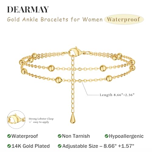 Image of DEARMAY Gold Ankle Bracelets for Women Waterproof, Non Tarnish 14K Gold Plated Beaded Link Chain Anklets, Layered Summer Beach Jewelry Gifts, Dainty Bikini Outfits for Vacation