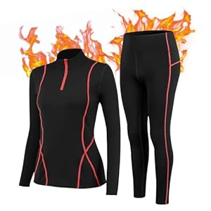 TERODACO Thermounterwäsche Damen Set Extra Warm Half Zip Skiunterwäsche Damen Innenfleece UPF50+ Thermo Oberteil und Leggings Ski Gym Sport Funktionsunterwäsche, Weich 2513 2324 Schwarz Rot M