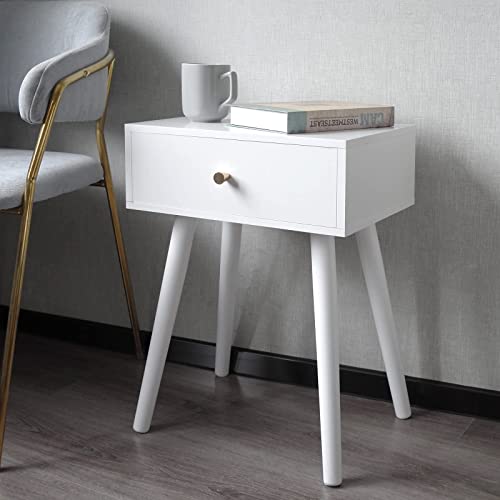 White Mid Century Modern Nightstand, Wood End Table For Living Room, Bed Side Table, Night Stand With Drawer, Sturdy Construction, Easy Assembly #TOP3