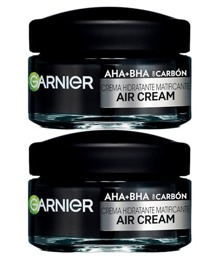 Garnier Air Cream AHA BHA feuchtigkeitsspendende Gesichtscreme mit Holzkohle für empfindliche Haut, sanfte Formel 48 Stunden, feuchtigkeitsspendend, schnelle Absorption – 2 Dosen à 50 ml