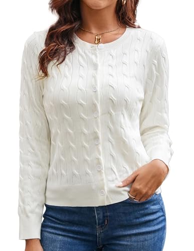 GRACE KARIN Womens Long Sleeve Button Up White Cardigan Lightweight Cable Knit Button Down Sweaters Spring Outfits M