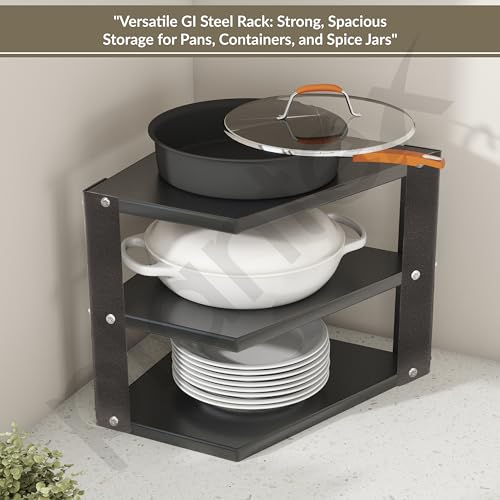 Image of Plantex GI-Steel 3-Tier Pan Stand for Kitchen /Multipurpose Corner Floor Mount Shelf for Kitchen - Pack of 1 (Black)