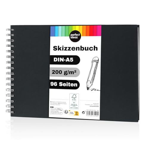 perfect ideaz libro per schizzi DIN-A5 da 96 pagine (48 fogli), blocchetto da disegno professionale, hard cover in nero, con spirale ad anelli & carta in bianco, 200 g, libro nero vuoto per disegnare