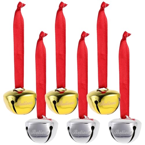 Warmhm Campanas de Navidad colgantes de 6 unidades, color dorado y plateado, diseño de apertura en cruz con texto Believe para árbol de Navidad, puerta, ventana, decoración duradera para el hogar