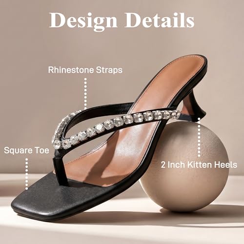 Image of Eteridrey Rhinestone Flip Flop Heels Women Square Toe Kitten Heel Summer